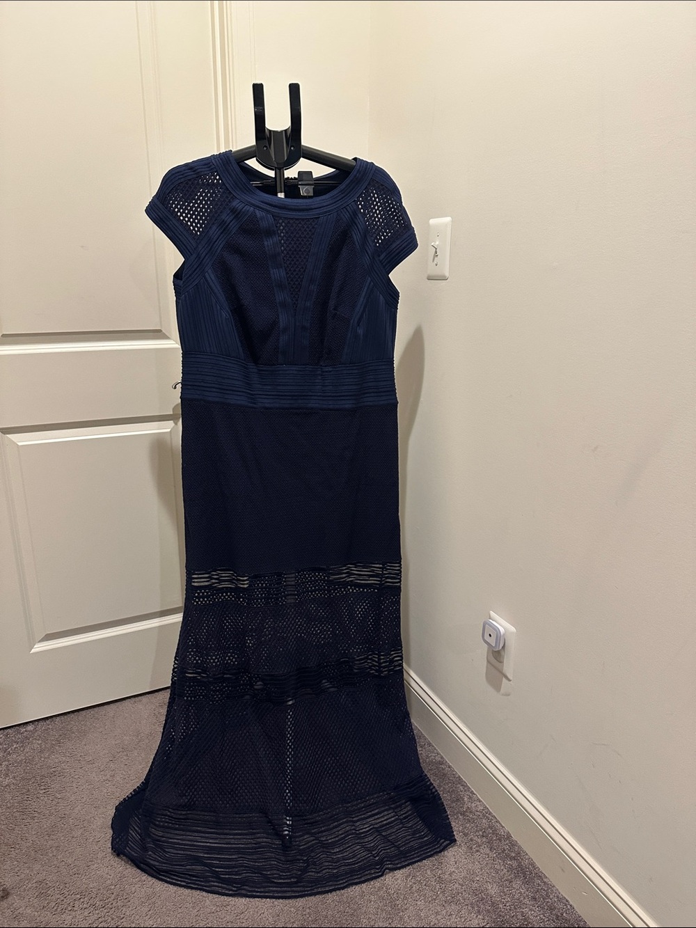 Tadashi Shoji Navy Mesh-Panel Maxi Gown